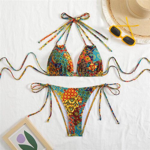 Split swimsuit womens printed double tie backless bikini