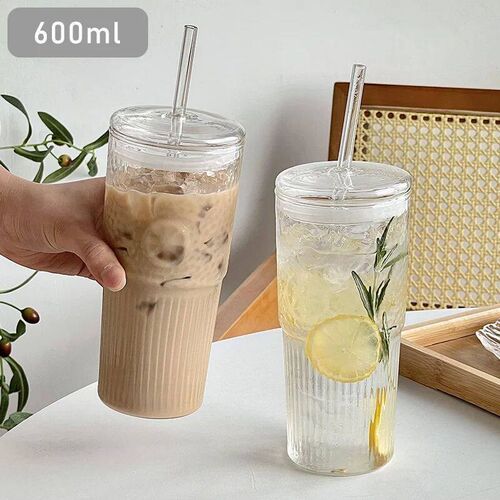 600ml Glass Cup Milk Coffee Cup with Lid and Straw Transpare