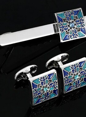 Vintage Blue Cross Pattern Design Square Cufflinks&Tie Clip