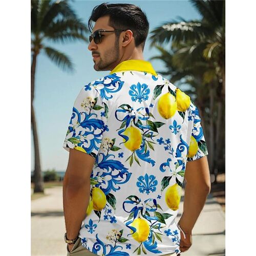Lemon Tropical Mens Resort Hawaiian D Printed Shirt Button