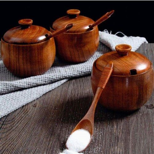 150ml Wooden Salt Bowl with Lid Spoon Vintage Spice Jar