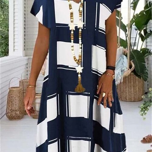 Summer Lattice Print Casual Dress Womens V-neck Short