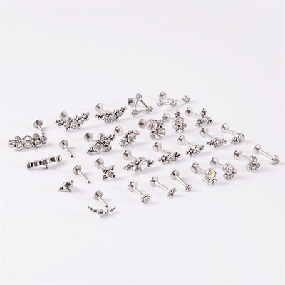 1PC G23 Titanium&Steel 16G CZ Gem Triangle Labret Lip Ring C