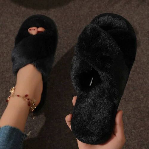 Fashion Cross Strap Fur Slippers Women Indoor Light Warm