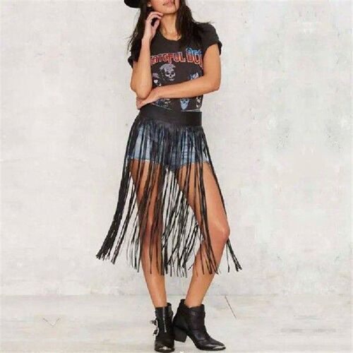 Womens High Waist Faux Leather Fringe Tassels Skirt with