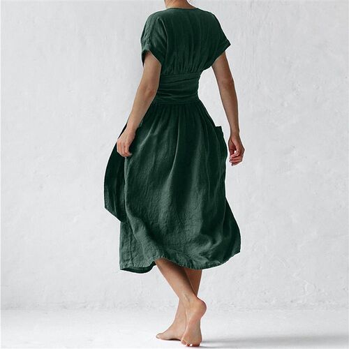 Cotton And Linen Special Sashes Design Dresses Women Casual