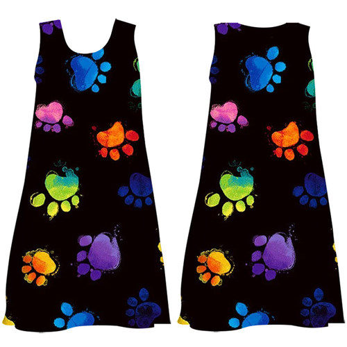 Summer Women Cute Cat Footprint Mini Dress Casual O-Neck