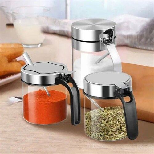 1Pcs Glass Seasoning Jar Stainless Steel Lid with Spoon