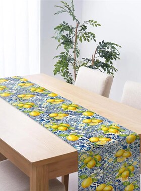 Summer Lemon Tiles Linen Table Runner Holiday Party Decor Re