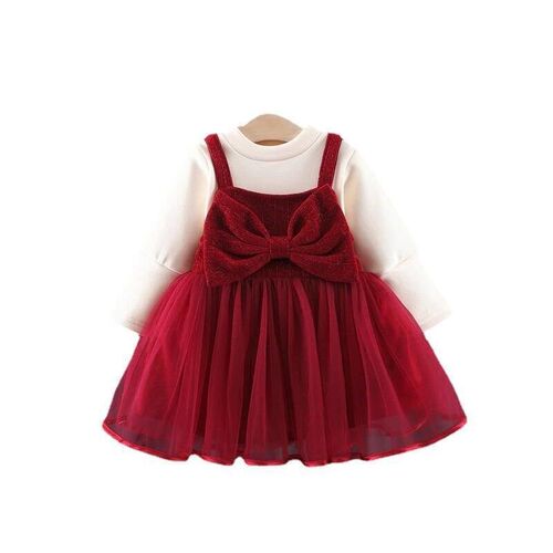 3534 Girls Puff Sleeve Fleece-lined Two-piece Dress Autumn