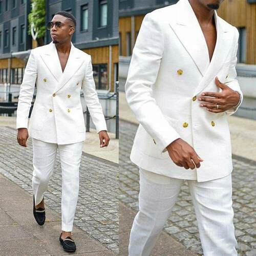 Handsome Mens Formal White Linen Suits Groom Wear Double Br