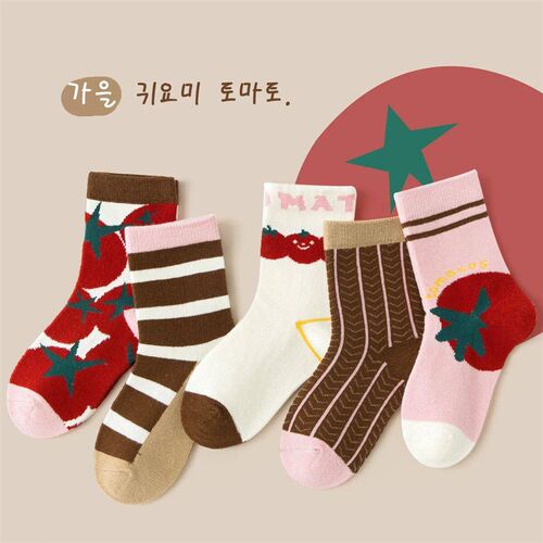 5 Pairs Autumn Socks Girls Cute Tomato Socks A Class Cotton