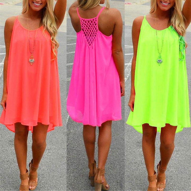 Women beach dress fluorescence female summer dress chiffon v图片