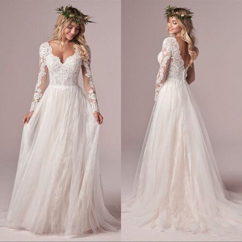 Lace Tulle Long Sleeve Wedding Dress 2021 Boho V-Neck Appliq