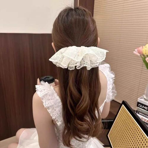 Double-layered lace hair scrunchie, large French white bow w