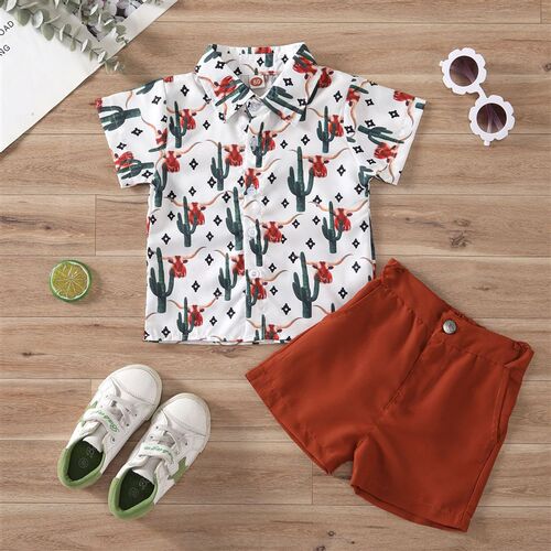 Kids Short Sleeve Shorts Shirt Set Animal Patterned Bull Hea