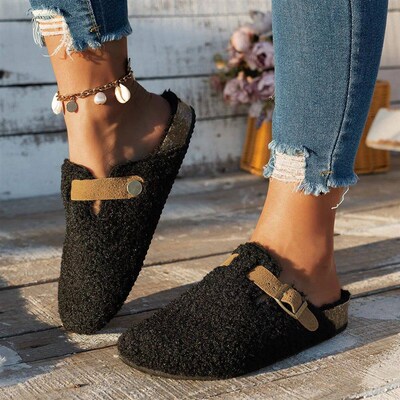Women Slippers Mules Fur Women Shoes Winter New Buckle Flats