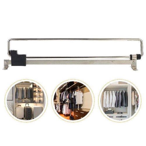 Telescopic Clothes Rail Black Wardrobe Organizer Rack Hook