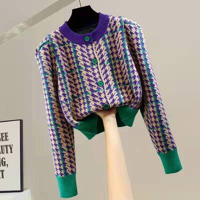 Fashion contrast color houndstooth round neck single-breaste