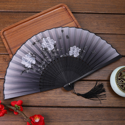 Chinese  Silk Folding Fan Wooden Shank Classical Dance Fan w
