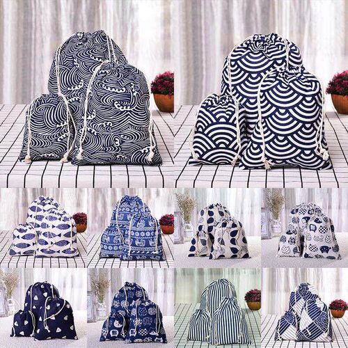 1pcs Blue Geometric Drawstring Cotton Linen Storage Bag