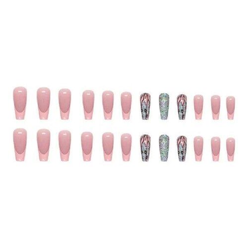 Fashion Long Ballerina False Nails Sparkling Lotus French