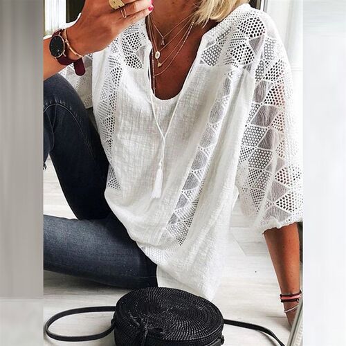 Womens Cotton Linen Tunic Tops V Neck 3/4 Sleeve Casual
