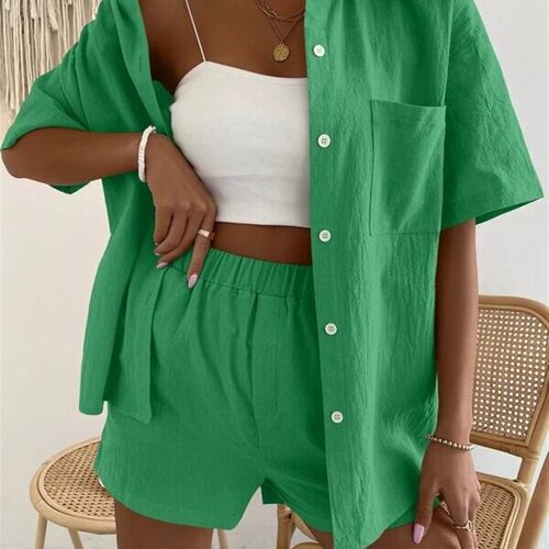 Long Sleeve Single-breasted Top + Broad-legged Shorts Set Fa