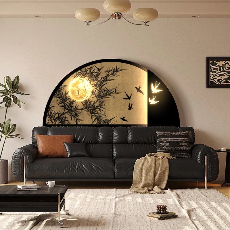 中古风玄关装饰画竹子沙发背景墙挂画法式复古卧室床头发光壁灯画