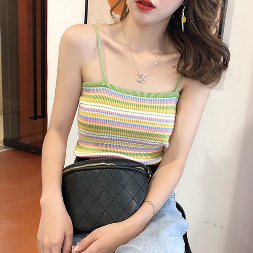 women short ops summer Rainbow Striped Knitted basic Shirt v