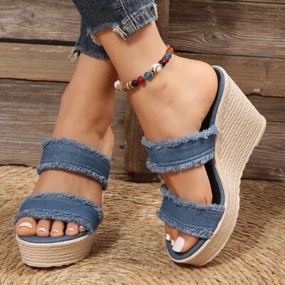 Women Deenim Straw Womens Espadrilles Mules Slipper Sandals