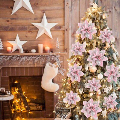 5/10Pcs Glitter Pink Christmas Flowers Xmas Tree 14cm Artifi