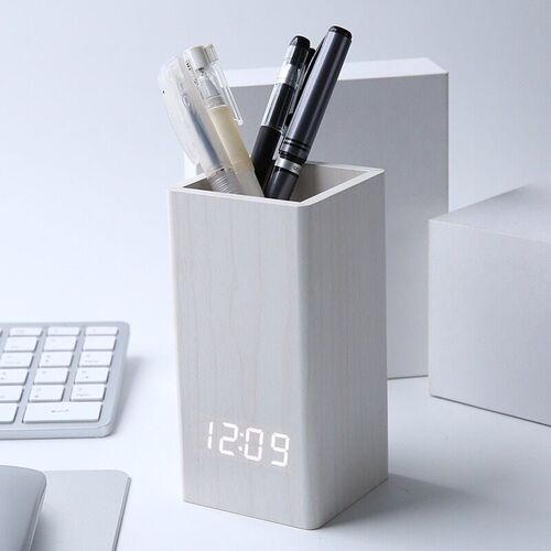 Pen Holder Wooden Clock Creative Voice-Activated Electronic
