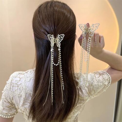2023 New Female Butterfly Pearl Tassel Hair Claw Rhinestone