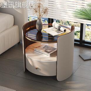 堡讯床头柜简约现代圆形家用边几卧室2025新款轻奢高级感拉车盖布