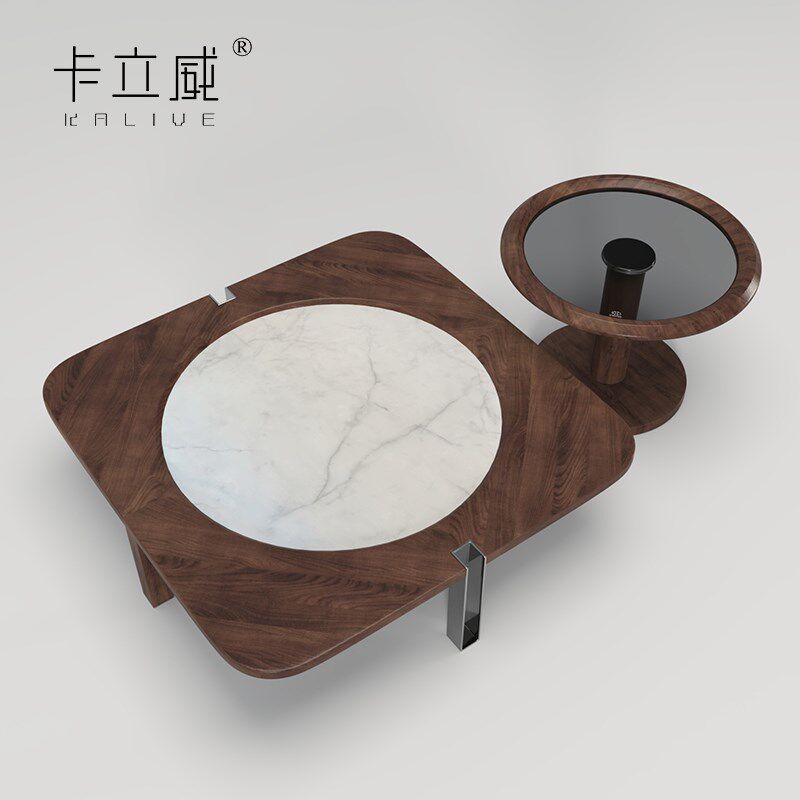 原木中古风实木茶几胡桃木皮方几侘寂极简设计师大理石角几茶桌