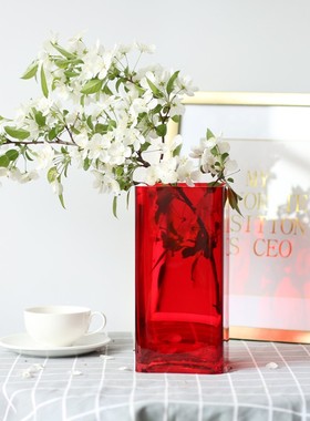 大红色方形玻璃花瓶百合花富贵竹大号落地家居现代客厅插花4050cm