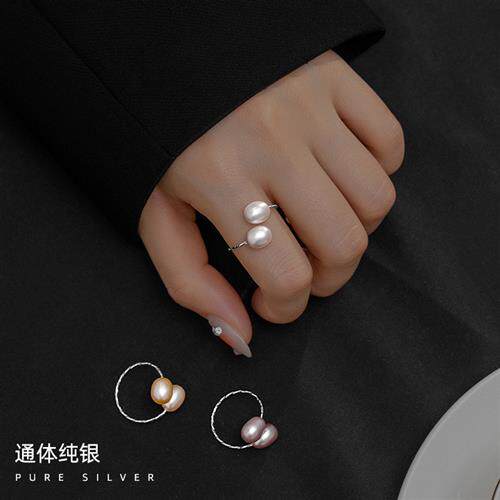 S925银天然淡水珍珠戒指14K金轻奢小众感设计简约双珠指环
