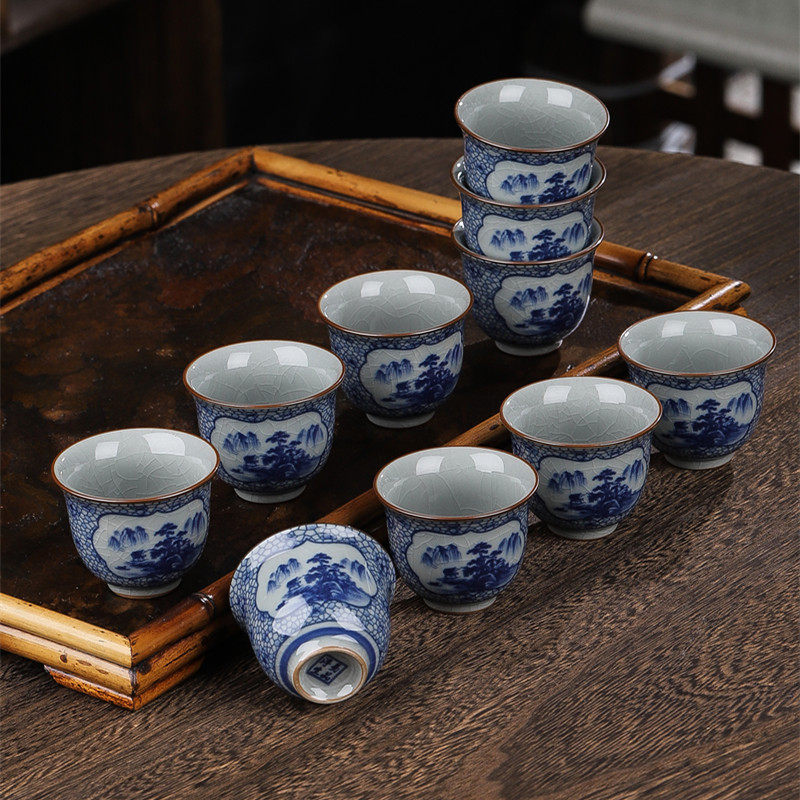 青花瓷茶杯单杯主人杯复古冰裂纹陶瓷茶具茶盏茶碗品茗闻香杯套装