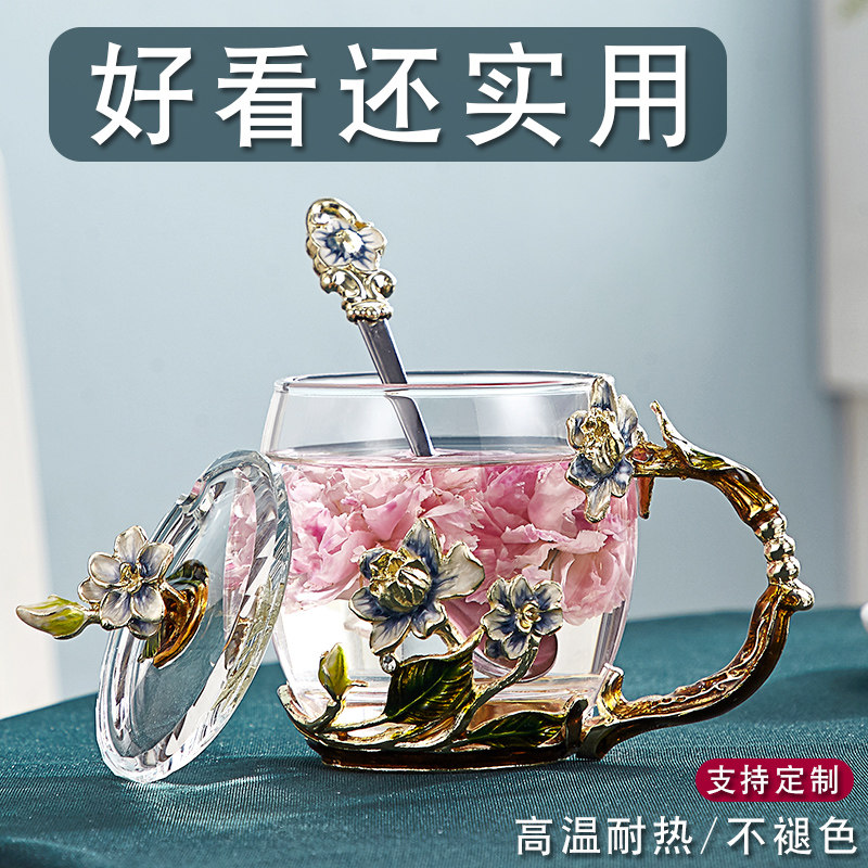 珐琅彩水杯耐热玻璃杯女花茶杯茉莉花家用杯子套装创意水晶咖啡杯