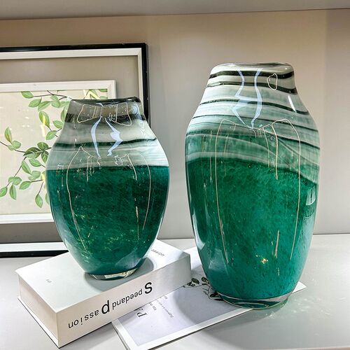 高端创意艺术大理石水波纹插花绿色琉璃玻璃花瓶水培大肚花器摆件