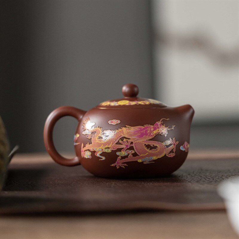 宜兴紫砂龙凤变色凤鸣壶朱泥西施一壶两杯功夫茶具龙凤呈祥泡茶壶