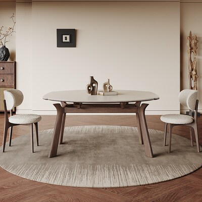 中古风岩板餐桌2024新款可伸缩胡桃色意式全托方圆两用实木餐桌