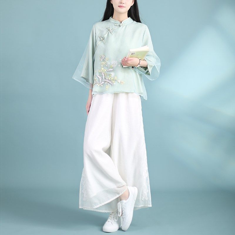 2023春夏雪纺立领休闲宽松衬衫女中国风复古斜襟盘扣绣花茶服上衣