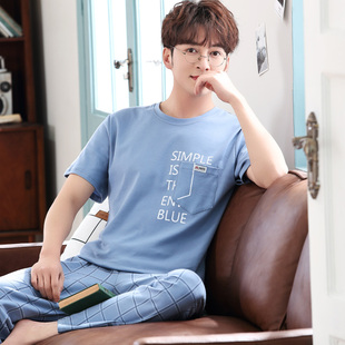 睡衣男夏季纯棉短袖长裤男士全棉男式薄款套装男款大码夏天家居服