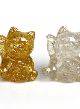 天然水晶碎石半宝石黄水晶招财猫滴胶小摆件居家办公饰品男女礼物