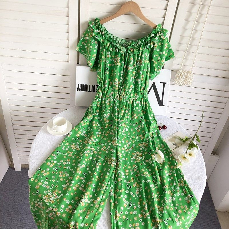 海边度假荷叶边一字肩露肩碎花短袖高腰直筒阔腿连体裤长裤女夏季,女装/女士精品,休闲裤,淘宝优惠券,粉丝福利购,淘宝优惠卷