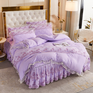 韩式夹棉床裙四件套蕾丝公主风床罩莫奈尔被套夏季床上用品1.8m米