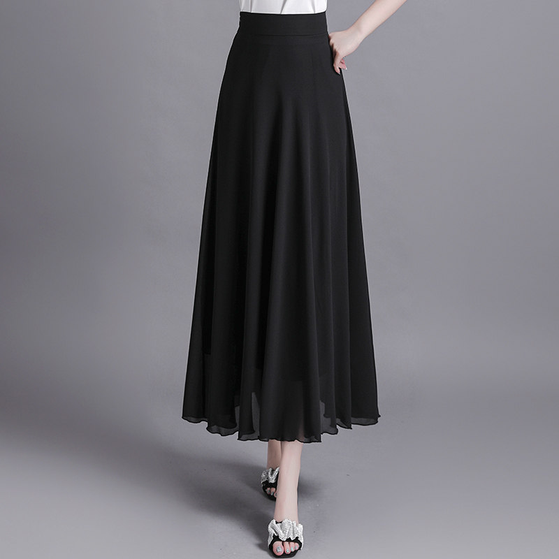 黑色雪纺半身长裙夏女高腰a字裙夏季薄款遮胯裙子显瘦半身裙长款