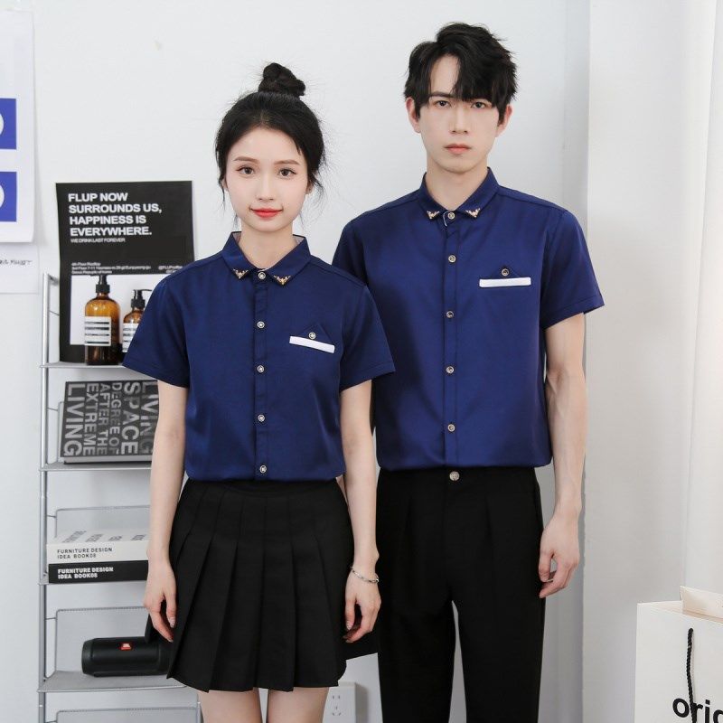 发型师工作服定制logo衬衣夏季咖啡厅服务员KTV酒吧柜台男女衬衫